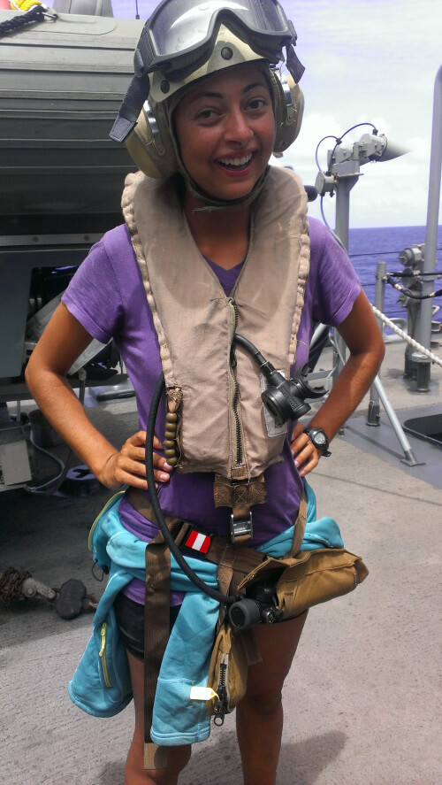 Megan Dalton prepared to get on an Osprey to Midway Island. Photo by Barbara Heindl.