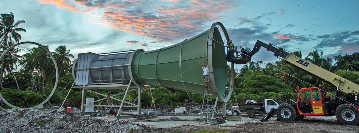 SheerWind's Invelox technology funnels wind through hourglass-shaped tunnels that can stand vertically or—as with this half-built installation on the Palmyra Atoll—run horizontal to the ground. Photo by Cindy Coker