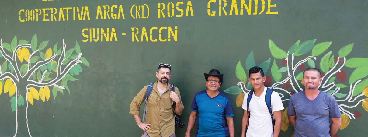 Partners at the community of Rosa Grande, in the buffer zone of Saslaya National Park. Left to right: Andrew Rothman, ABC; Marcial Herrera Lopez, President of the Rosa GRande Co-op; and Joseph Luis Rojas and Jose Soza, student associates with the University of the Autonomous Regions of the Nicaraguan Caribbean Coast. Photo by John Hannan, 2017
