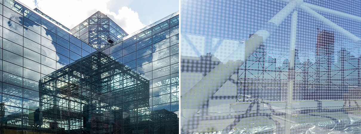 Bird-safe glass used at Javrits Center. Photos by Ajay Suresh (left) and Susan Elbin (right)