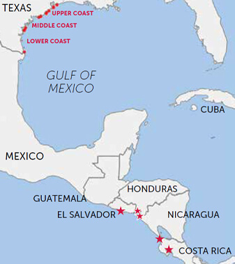 Wilson's Plover breeding areas along the Texas Gulf Coast, and spots along Central America's Pacific coast. Wilson's Plovers, and other beach birds, are found on the Gulf Coast