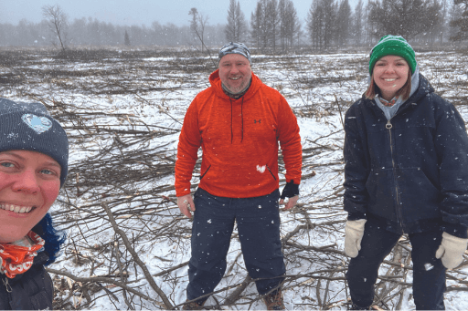 At a work site, three members of ABC’s Great Lakes team, from left to right: Linnea Rowse, Pat Weber, and Emily Locke. Photo by Linnea Rowse.
