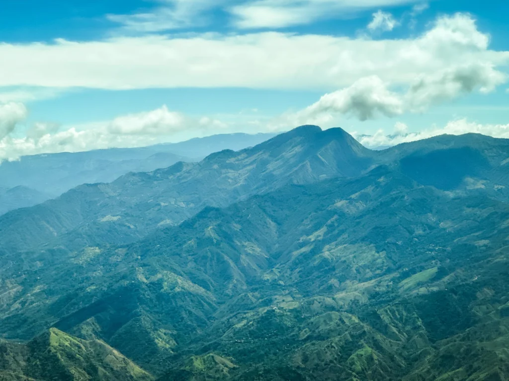 Aerial view of a rainforest and mountain with clouds in the background.