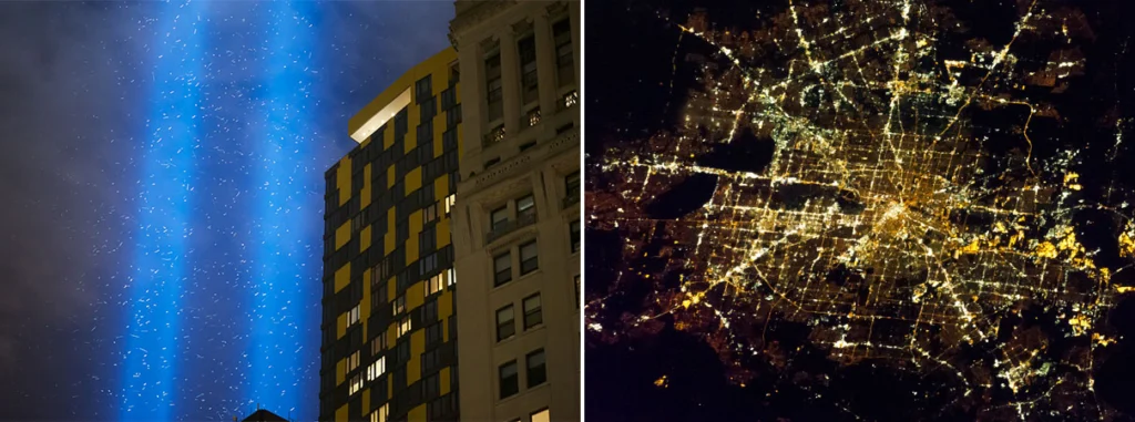 The World Trade Center memorial light has a "beacon effect" upon birds. Photo by jnap/Flick. Houston, as viewed at night from space, demonstrates the growing impact of light pollution. Photo by NASA
