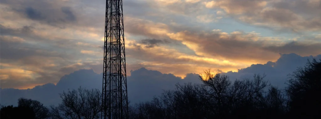 A communication tower in the sky
