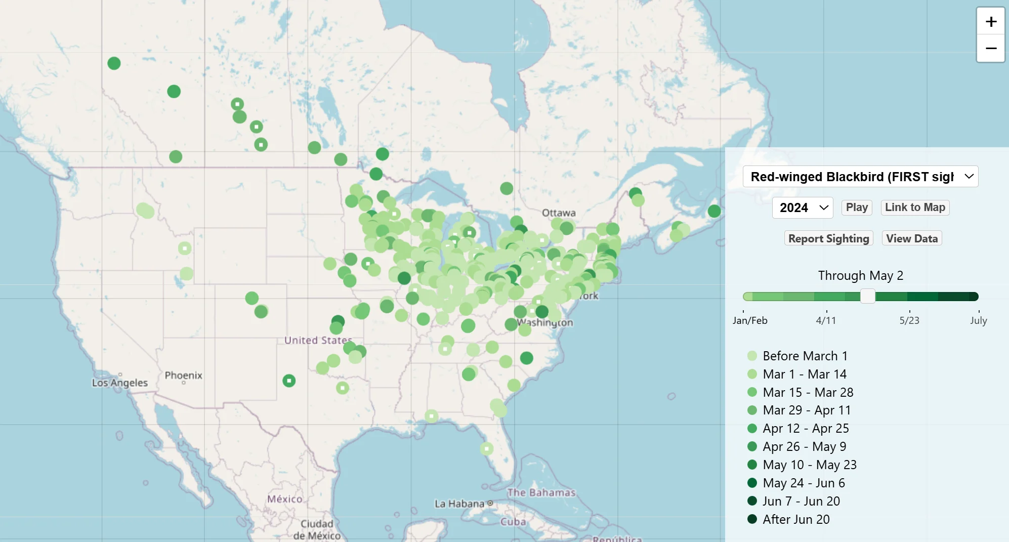 Journey North charts first observations for several bird species, as well as other signs of spring. Image from journeynorth.org.
