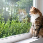 A fluffy indoor cat looks out a window.