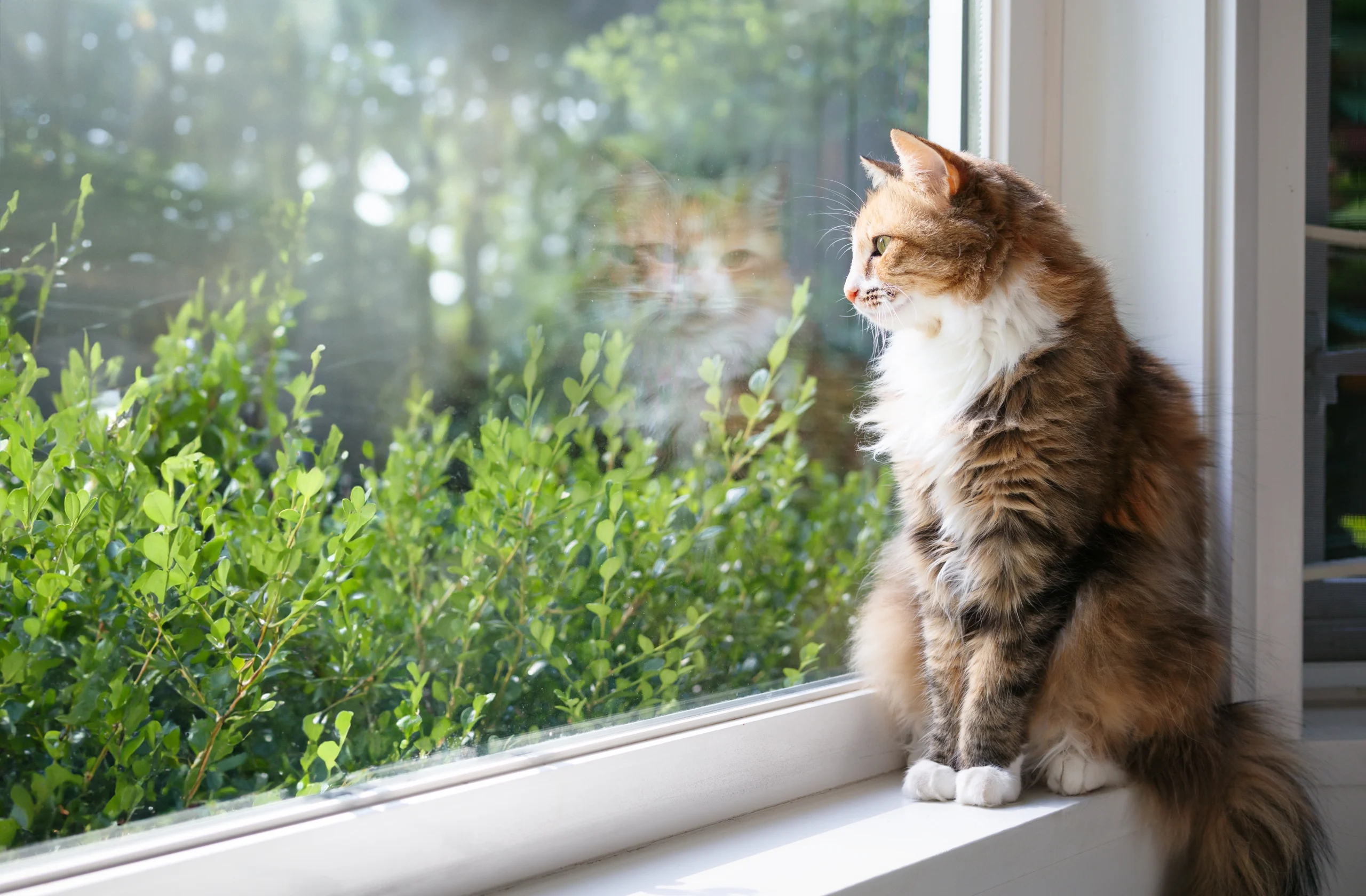 A fluffy indoor cat looks out a window.