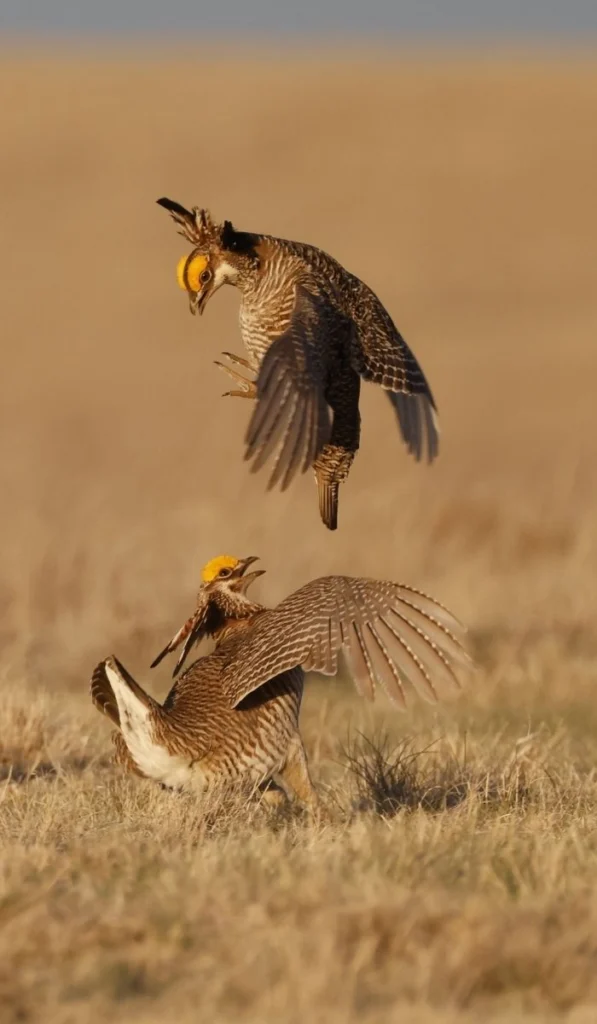 Two male Lesser Prairie-Chickens spar on a wide field, with one prairie-chicken airborne about to strike the other. Males compete for the attention of females and the ability to mate at leks, communal spots used by groups of prairie-chickens, sometimes for years. Habitat loss and fragmentation have limited the species’ range and threaten its existence. Photo by Michael J. Parr.