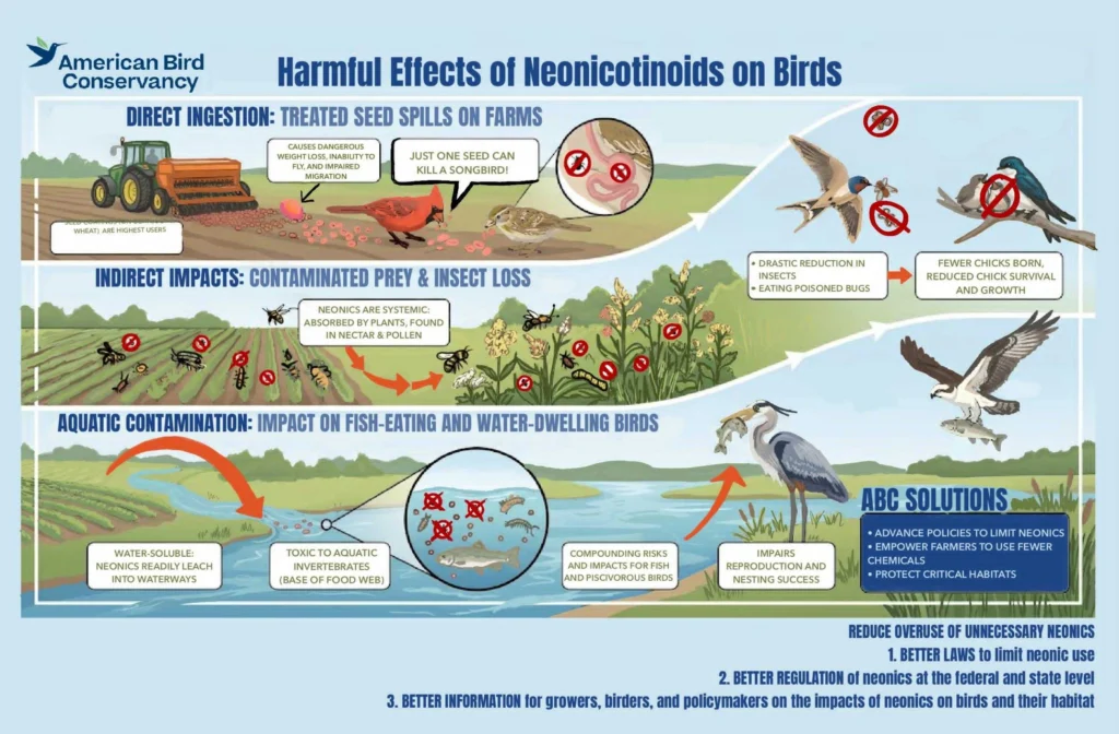 Infographic showing the three ways neonicotinoids can harm birds: direct ingestion, contaminating prey and insect loss, and aquatic contamination.